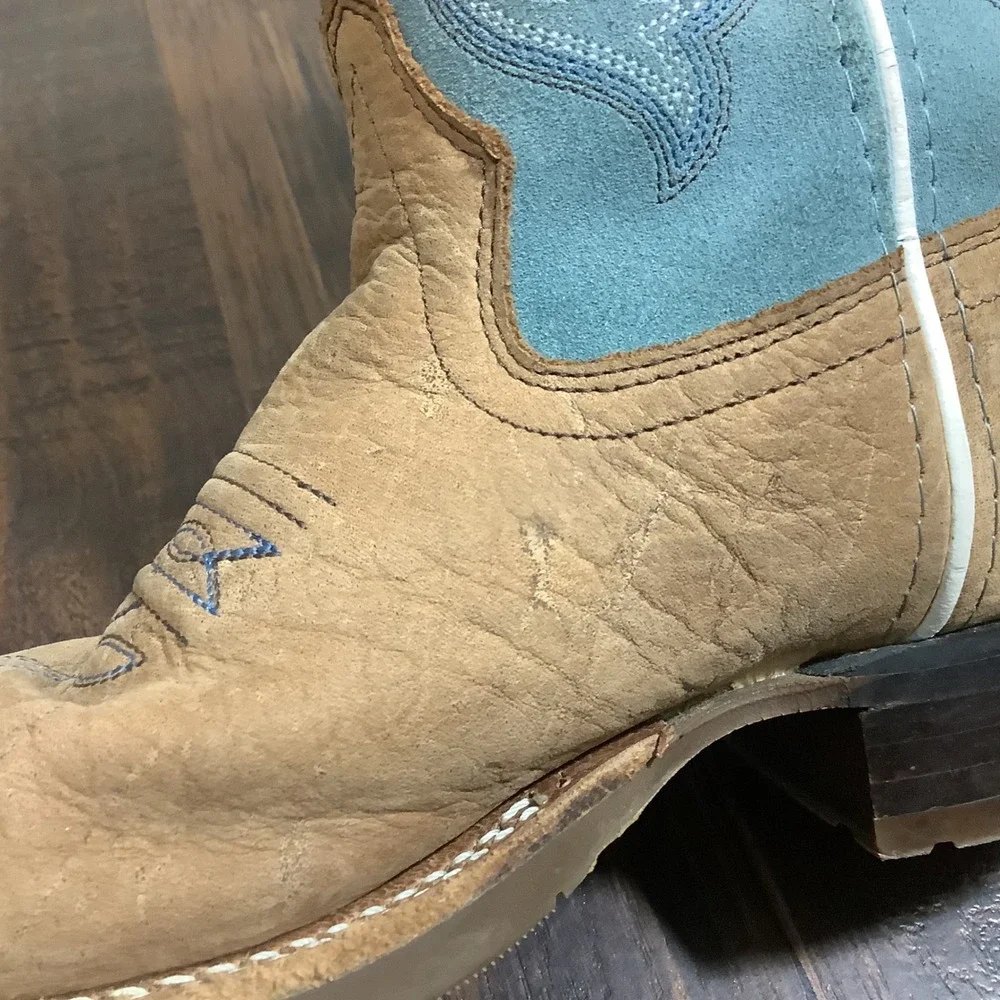 Cody James Youth Western Boots Tan Leather Blue Suede Square Toe Size 2.0D